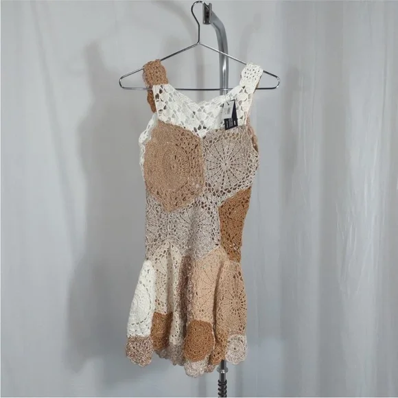 Crochet Patchwork Dress in Cream and Brown - Picture 3 of 5